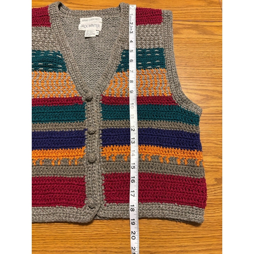 Jack Winter Vintage Hand Crochet Silk Blend Gray Striped Button Sweater Vest M - Picture 6 of 9